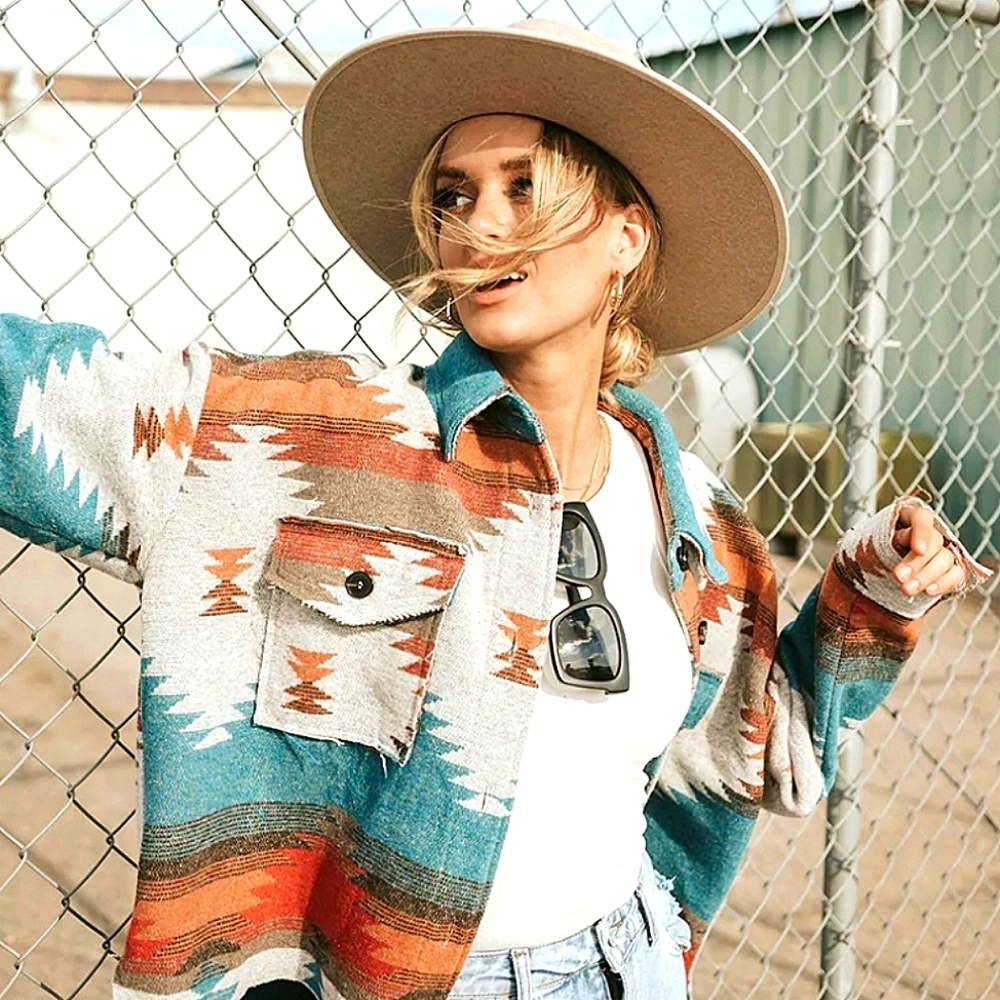 Distressed Yellowstone Aztec Native Flannel Jacket Coat Shacket Top Blue Red - Picture 2 of 11